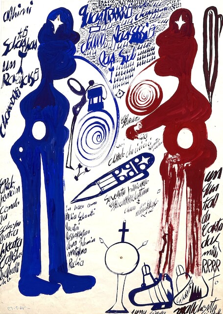 Carlo Zinelli, Pesce stellato blu, alpino con penna e case, 1968