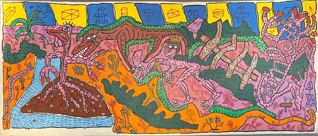 Robert Combas, AUTOPORTRAIT EN ROI. Moi-même en rêve éveillé me promenant dans une campagne gaie et pleine de nuages géométriques. Dans un pré il y a une vache sans cornes à crinière verte et un diseur de poèmes qui saigne de la bouche. Il y a un vert qui prend l'air su, 1987